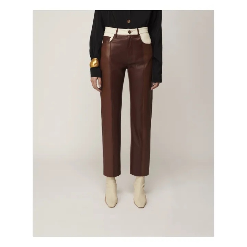 Nanushka Vinni Brown Patchwork Vegan Leather Straight Leg Pants XL Luxury